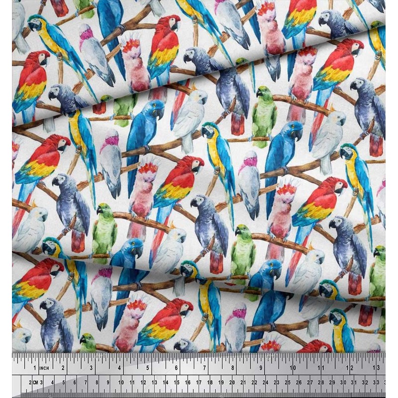 Soimoi White Cotton Canvas Fabric Branch & Colorful Parrot Bird