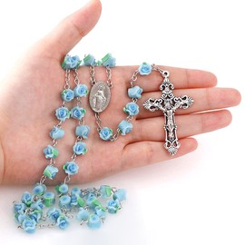 YWLI Rosary Beads Catholic - 6 Color, Confirmation Gifts, Delicate Polymer Clay Rose Necklace Jewelry, Silver Alloy Cross Necklace for Women, Gifts for Women