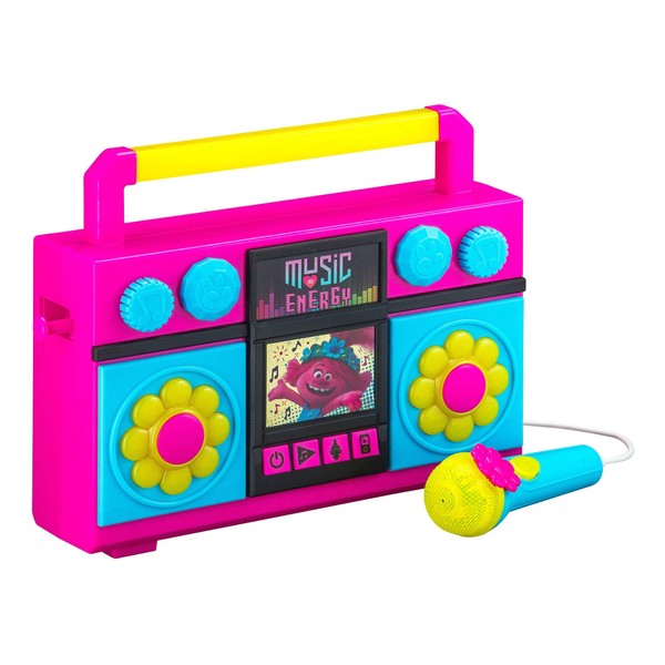 eKids Trolls World Tour Sing Along Boom Box Speaker with Microphone for Fans of Trolls Toys for Girls, Kids Karaoke Machine with Built in Music and Flashing Lights