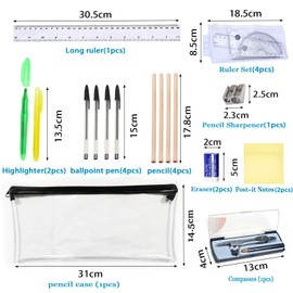 22 PCS Back to School Stationery Set, School Stationary Sets, Assorted Stationery Pack with 4 Graphite Pencils, 4 Pens, 3 Highlighter, 2 Eraser & Sharpener, Compass, Pencil Case, 2 Post-it Notes