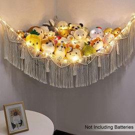 CanJoo Stuffed Animal Hammock with LED Light Corner Hanging Net for Stuffed Animals Storage Girls Room Decor Stuff Animals Organizer Holder with Tassels Toy Hammock Storage (Beige)
