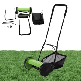 Fluoxtine 12 Inch Manual Lawn Mower, 5 Blade Push Reel Lawn Mower with Detachable Grass Catcher, 9-Position Adjustable Cutting Height Self-Propelled Lawn Mower, 4 Wheels
