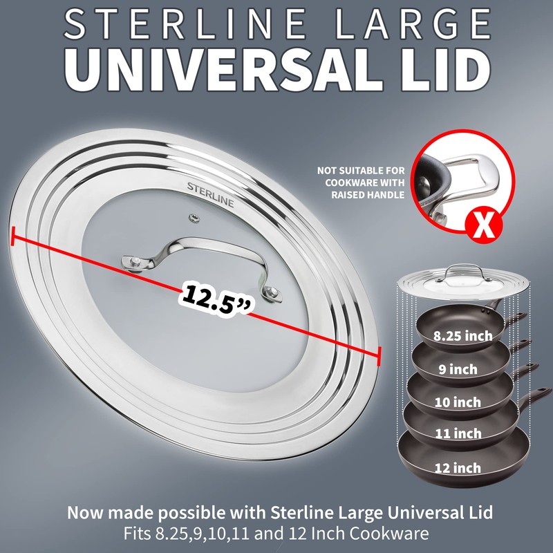 Sterline Large Universal Lid,Fits 8 -12 Inch Cookware,Tempered Glass Top