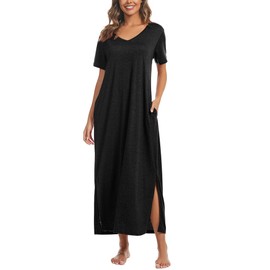 Marvmys Women Cotton Soft Nightgown Floor Length Pajama Dress Short Sleeve Nightshirt with Pocket Black XXL