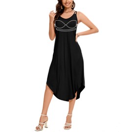 ANYFITTING Built in Bra Summer Dresses for Women 2025 Midi Flowy Hawaiian Casual Dress with Pockets Floral Sundresses for Beach Vacation Outfits (Solid Black,Large)