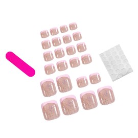 24pcs Pink French Tip Press on Toenails Short Length Full Cover Nude Fake Toenails with Glitter Design Reusable French False Toenails Square Shape Glitter Acrylic Toenail Tips Stick on Nails for Women