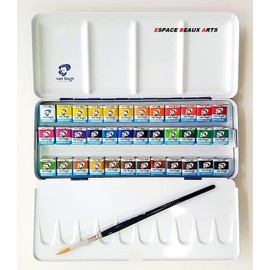 36 Näpfchen Feine Van Gogh Künstler Aquarellfarben im Metall Aquarellkasten incl. Pinsel und Mischpalette Geschenkset und Papierwischer