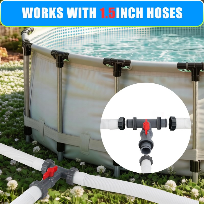 Pool Hose Connector with Shut-Off Valve, 1.5"to 1.5" T-Joint