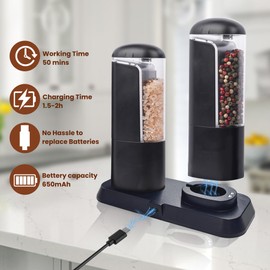 Electric Salt and Pepper Grinder,Automatic Salt and Pepper Grinder Pepper Grinder Set with Charging Base and White LED Light,Adjustable Coarseness,USB Rechargeable,Black