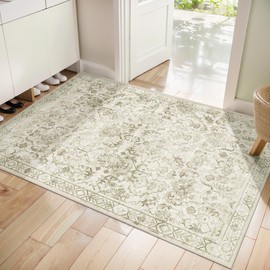 Small Rug Sage Green Floral Throw Rug 2x3 for Entryway Bathroom Kitchen, Non-Slip Low-Pile Washable Distressed Modern Boho Floor Carpet for Laundry Room, Indoor Washstand Vanity Front Mat 24x36 Inch