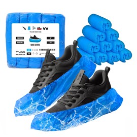 TYGA Store 100 Pieces Disposable Shoe Covers - Blue Plastic, Anti Slip, Dust Proof, Waterproof Overshoes – Indoor, Outdoor, Carpet, Floor, Rain, Boot, Safety, Cycling, Strong Foot Covering