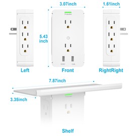 Socket Wall Shelf-CFMASTER 10 Port Surge Protector Wall Outlet, 8 Electrical Outlet Extenders and 2 USB Ports 2.4A, with Removable Built-In Shelf, FCC Listed (1, White)