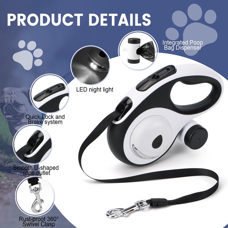 Dual Retractable Dog Leash for 2 Large Dogs (Up to