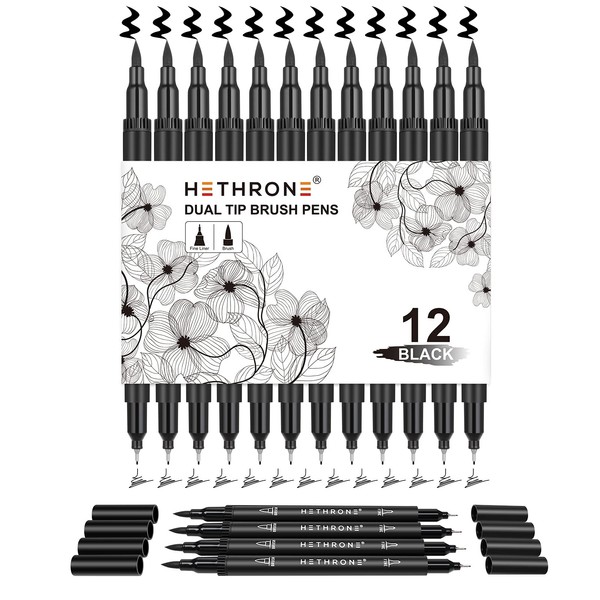 Hethrone Black Dual Brush Pen Set - Brush & Fine Tip Black Marker for Art Drawing 12 Pack