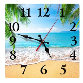 Britimes Square Wall Clock Silent Non-Ticking Battery Operated Clock 12 Inch, Palm Tropical Beach Summer Tree Home Decor for Living Room, Kitchen, Bedroom, and Office