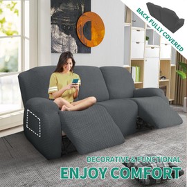 YEMYHOM 8 Pieces Stretch Recliner Sofa Cover Latest Jacquard Reclining Couch Cover with Side Pocket Anti-Slip Fitted 3 Cushion Furniture Slipcovers with Elastic Bottom (Sofa Recliner, Dark Gray)