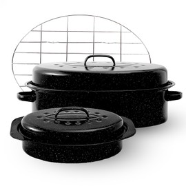 Enamel Roaster Pan With Lid and Rack Set 13"19"Granite Roasting Pans, Oval Large Turkey Baking Pan Suitable for Cooking 20lb Poultry and Beef Resists up to 932°F Oven Cookware