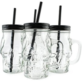 Darware Skull Mason Jar Mugs (Set of 4); Clear 12oz Glasses with Reusable Straws