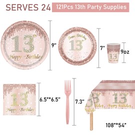 121Pcs 13th Birthday Party Supplies Plates Napkins Cups Forks Tablecloth Rose Gold Happy 13th Birthday Themed Disposable Tableware Decorations Serves 24 Guests for Girls Her 13 Years