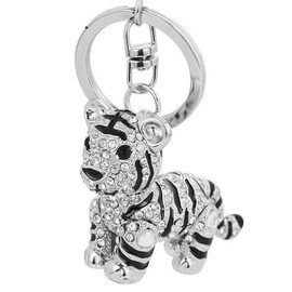 Fashion Crystal 3D White Tiger Keychain Sparkling Charm Crystal Rhinestone Blingbling Purse Bag Animal Key Ring Car Bag Pendant Decoration Gift (sliver)
