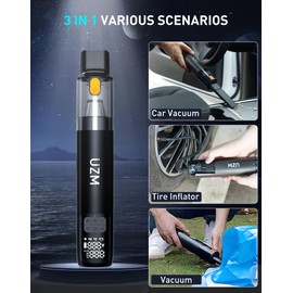 UZM 3 in 1 Tire Inflator and Car Vacuum, Car Vacuum Portable Cordless, 2X Fast Inflation, 12000pa Suction Power, LED Display,150 PSI, Portable Tire Inflator for E-Bike,Motorcycle,Ball