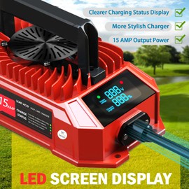 Xislet 48V 15A Golf Cart Battery Charger for Club Car Precedent & DS Lead Acid Battery, 3-Pin Round Plug Cable, 2025 Upgraded LED Visual Charging Display - Red