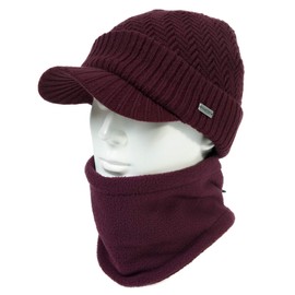Winter Peaked Beanie Hat Men Wool Knitted Wooly Hats with Peak Visor Warm Golf Hats & Thermal Snood Fleece Neck Warmer for Ski Walking Burgundy M