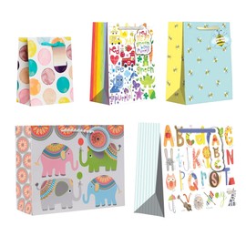 Jillson Roberts All Occasion Gift Bags, Everyday Totes, Medium & Large Baby Paper Gift Bags (5 Pack) Elephants, Honey Bees, Alphabets, Colors, Animals