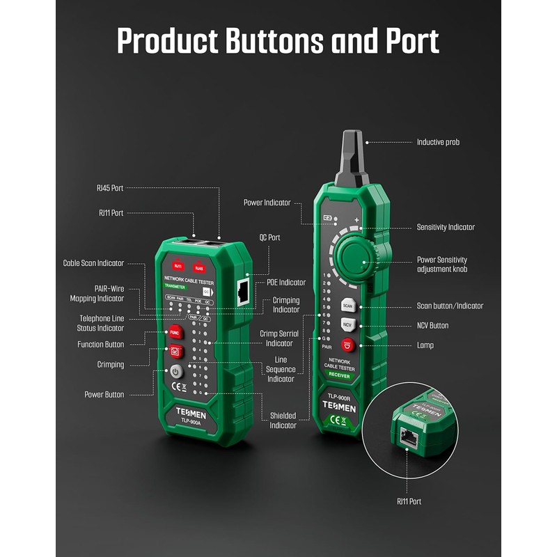 TESMEN TLP-900AR Network Cable Tester, RJ11 RJ45, for CAT5/6/POE/STP, Multi-function