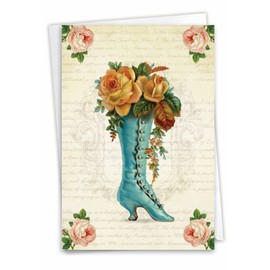 NobleWorks - Thank You Vintage Victorian Flowering Greeting Card for Her, Women, with 5 x 7 Inch Envelope (1 Card) Floral Shoes - Boot C10310DTYG