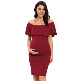Jezero Women's Maternity Dress Off Shoulder Ruffle Sleeveless Bodycon Dress for Baby Shower Wine Red
