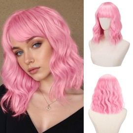 HomeChi Peluca Ondulado para Mujer, Peluca Sintética Natural Hasta Los Hombros, Peluca Rizada Suave y Transpirable con Flequillo para Cosplay Diario Navidad Cumpleaños Fiestas, Rosa