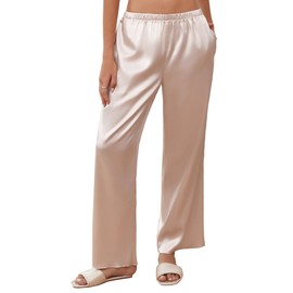 Ekouaer Womens Silk Satin Wide Leg Pajama Sleep Pants Casual Loose Soft Lounge Pants Elastic Waist Pj Bottoms with Pockets, Champagne, L
