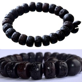 vv8oo Wooden Beads Bracelet Lightning Struck Jujube Wood Black Bead Engraved with Sanskrit Words Mala Prayer Feng Shui Lucky For Women Men (Black, B_13mm)