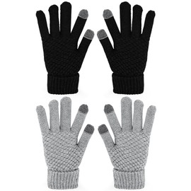 Tetnsk 2 Pairs Women's Gloves for Cold Weather, Winter Touch Screen Gloves Women, Warm Fleece Lined Knit Gloves (Black, Gray)