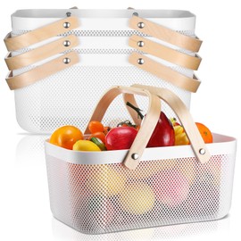 4 Pcs Plastic Mesh Garden Harvest Basket Storage Mesh Basket with Wooden Handle Multi Functional Mesh Basket for Kitchen Cabinet Picnic Fruit Vegetable Gathering Organizer (White, Large)