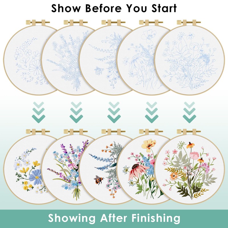 ERKOON Embroidery Kit for Beginners, 5 Sets Flower Cross Stitch