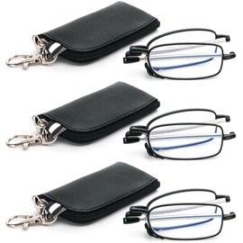 3 Pack Folding Reading Glasses with Keychain Compact Bags Women Men Blue Light Blocking Spring Hinge Portable Pocket Readers,Black 0.0