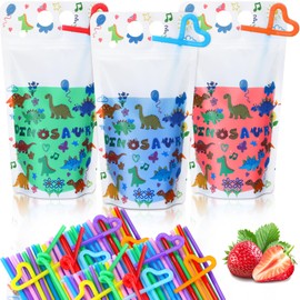 Sieral 200 Pcs Clear Drink Pouches with Straws for Adults Alcohol 16 oz Resealable Zipper Stand up Juice Pouches Bags Plastic Liquor Smoothies Container for Cold Hot Drink(Dinosaur)