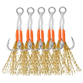PATIKIL Double Fishing Assist Hooks Kit, 5 Pcs Glow Jigging Hook Slow Fast Fall Jigs Fishing Hooks for Vertical Jigging Lures, Gold Tone (11#, 55mmx11mm)