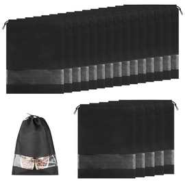 MXTIMWAN Pack of 20 Portable Shoe Bags, 31.3 x 43.5 cm, Large Non-Woven Drawstring Travel Shoe Bags, Waterproof Shoe Bags with Clear Window for Daily Use and Travel, black, Nylon