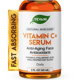 YEVANI 100% Pure Vitamin C Serum for Face with Hyaluronic Acid, Eye Area, Dark Spots, Anti Aging, Hydrating Skin Care with Vitamin E, Aloe Vera, Jojoba Oil, Dry Skin, Fine Lines, Wrinkles, 2 FL OZ
