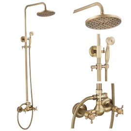 GGStudy Antique Brass Rain Shower System Set 2 Knobs Mixing 8 Inch Round Rainfall Shower Head with Handheld Spray Bathroom Shower Faucet