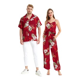 Matchable Couple Hawaiian Luau V-Neck Jumpsuit with Pockets in Pineapple Garden Burgundy, Women, L