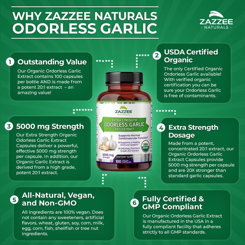 Zazzee USDA Organic Odorless Garlic 20:1 Extract, 5000 mg Strength,