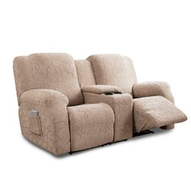 YUEANG Recliner Loveseat Cover with Center Console, 2 Seater Jacquard Recliner Sofa Slipcover with Pockets Washable Stretch Reclining Couch Covers Furniture Protector with Elastic Straps (Tuape)