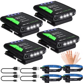 Mudder 4 Pcs Rechargeable Cap Light with Head Strap and USB Cable LED Cap Flashlight Clip Waterproof Ultra Bright Hat Flashlight Headlamp for Hunting Fishing Camping Hiking Cycling