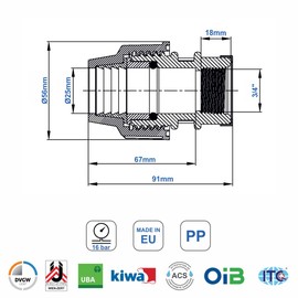SmartProduct PP Coupling MDPE 25 mm x 3/4 Inch with Female Thread - Screw Connection for PE Pipe PN16 DVGW Drinking Water Certified - 25 mm Clamp Connector Adapter for PE80 PE100 Pipes - Pack of 2