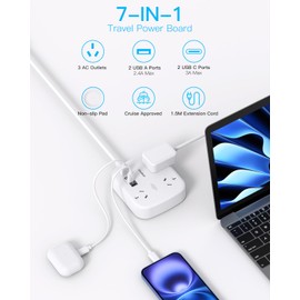 One Beat Power Board with USB,Travel Power Strip with 3 AC Outlets,2 USB A and 2 USB C Ports,1.5M Flat Extension Cord,No Surge Protection Cruise Ship Essentials for Office,Home,Travel,Cruise