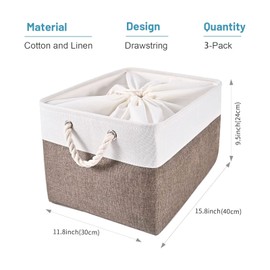 HOdo Home Fabric Storage Bin with Drawstring Closure and 2 Bold Handles, Collapsible Large Canvas Storage Baskets for Organizing Shelf Nursery Home Closet (Brown, 15.8L×11.8W×9.5H - 3Pack)